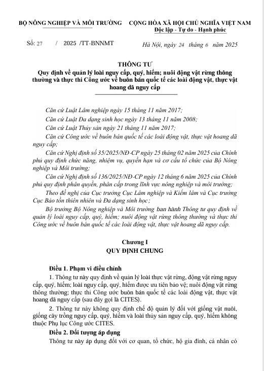 Thông tư 27/2025/TT-BNNMT quy định về quản lý loài nguy cấp, quý hiếm; nuôi động vật rừng thông thường và thực thi công ước về buôn bán quốc tế các loài động vật, thực vật hoang dã nguy cấp