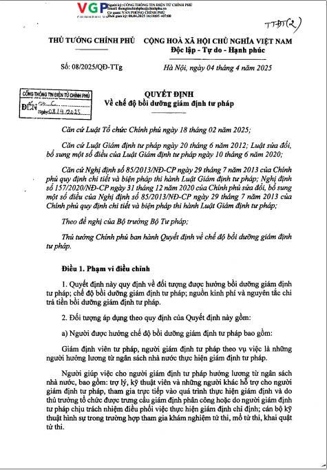 Quyết định 08/2025/QĐ-TTg ngày 04/4/2025 về chế độ bồi dưỡng giám định tư pháp