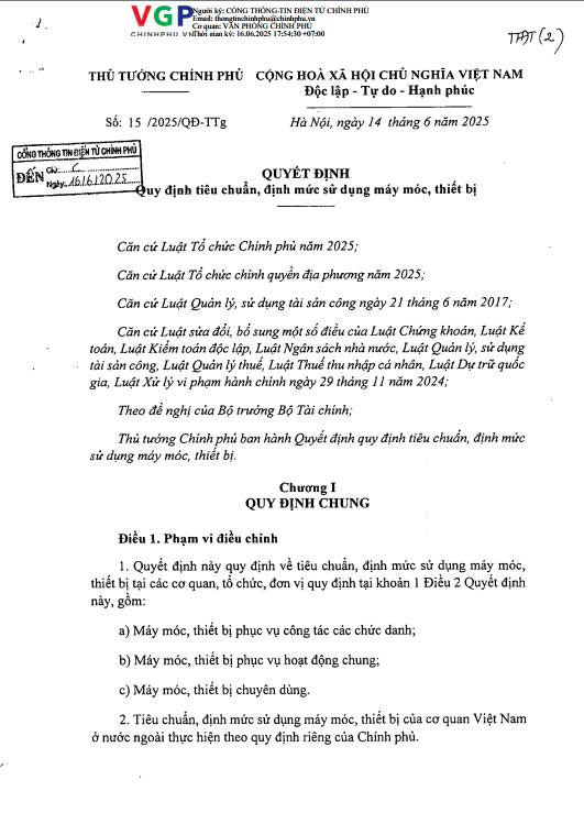 Quyết định 15/2025/QĐ-TTg ngày 14/06/2025 về việc quy định tiêu chuẩn, định mức sử dụng máy móc, thiết bị