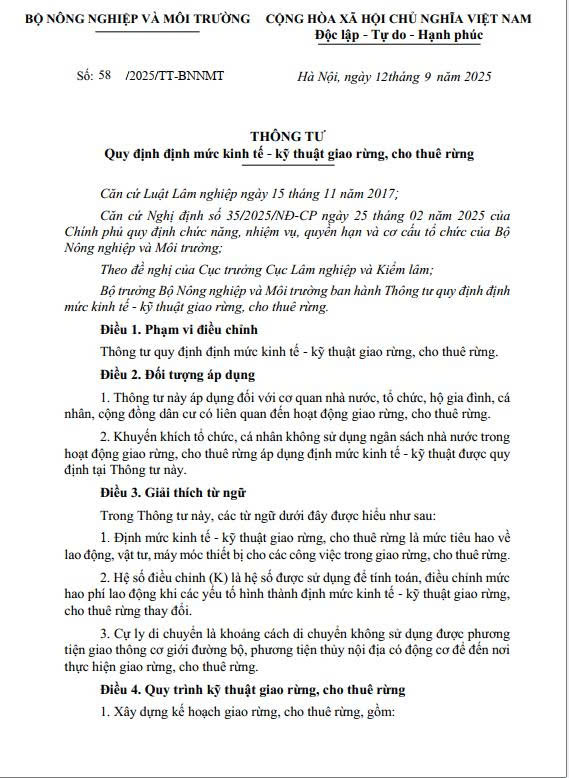 Thông tư 58/2025/TT-BNNMT ngày 12/9/2025 về việc Quy định mức kinh tế - kỹ thuật giao rừng, cho thuê rừng