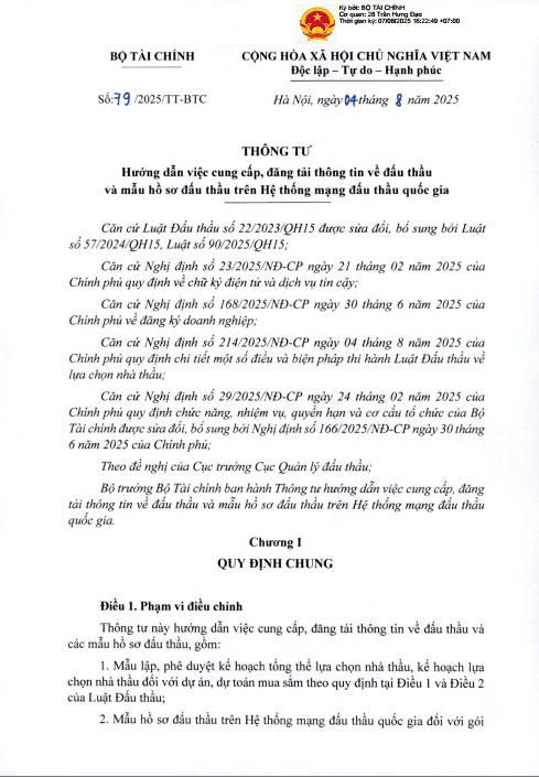 Thông tư 79/2025/TT-BTC ngày 04/8/2025 về việc Hướng dẫn việc cung cấp, đăng tải thông tin về đấu thầu và mẫu hồ sơ đấu thầu trên Hệ thống mạng đấu thầu quốc gia
