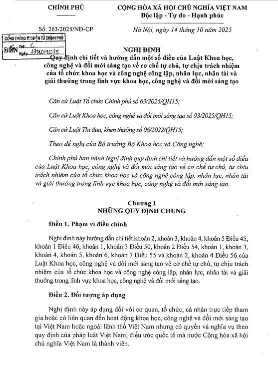 NĐ 263_2025_NĐ-CP ngày 14.10.25 VV quy định chi tiết và HD 1 số điều Luật Khoa học, công nghệ và đổi mới sáng tạo về cơ chế tự chủ, tự chịu trách nhiệm của tổ chức khoa học và công nghệ công lập, nhân lực, nhân tài và giải thưởng trong lĩnh vực KH