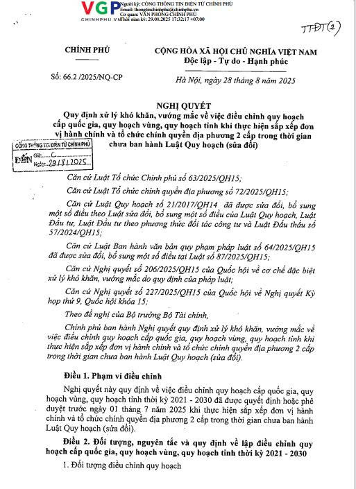 NQ 66.2_2025_NQ-CP ngày 28.8.25 Vv quy định xử lý khó khăn, vướng mắc vv điều chỉnh QH cấp QG, QH vùng, QH tỉnh khi t.h sx đv HC và TC chính quyền địa phương cấp 2 trong t.g chưa BH Luật QH sửa đổi