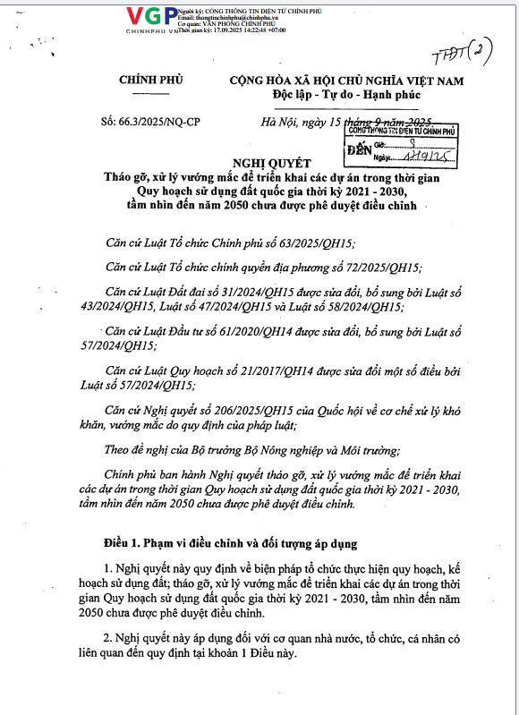 NQ 66.3_2025_NQ-CP ngày 15.9.2025 Vv tháo gỡ, xử lý vướng mắc để triển khai các DA trong t.g QH SDĐ QG thời kỳ 2021-2030. tầm nhìn đến năm 2050 chưa đc phê duyệt diều chỉnh