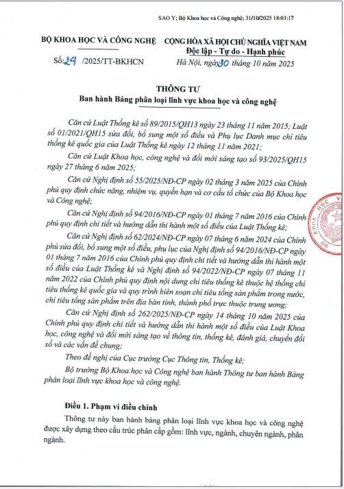 Thong tu 24-BKHCN-2025 cua Bo KH&CN ve phan loai linh vuc hoat dong KH&CN