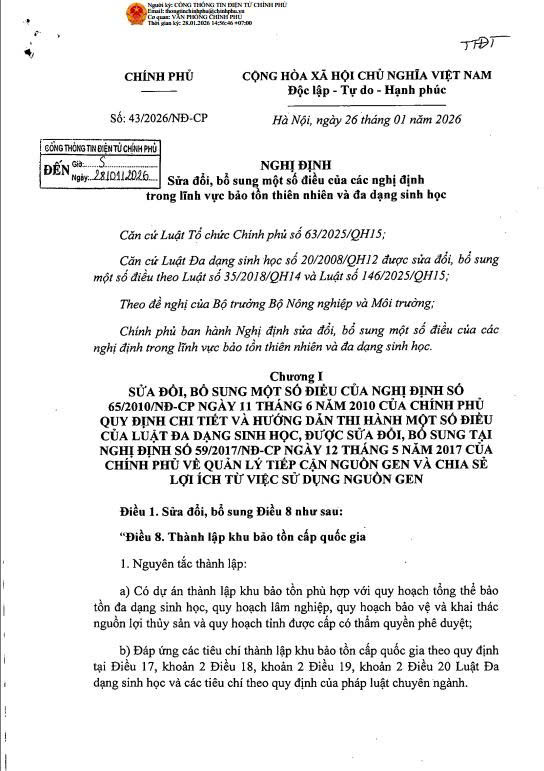 Nghị định số 43/2026/NĐ-CP ngày 26 tháng 1 năm 2026, Sửa đổi, bổ sung một số điều của các nghị định trong lĩnh vực bảo tồn thiên nhiên và đa dạng sinh học
