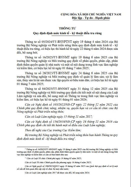 Văn bản số 06/VBHN-BNNMT ngày 27.01.2026  Thông tư quy định mức kinh tế - kỹ thuật điều tra rừng