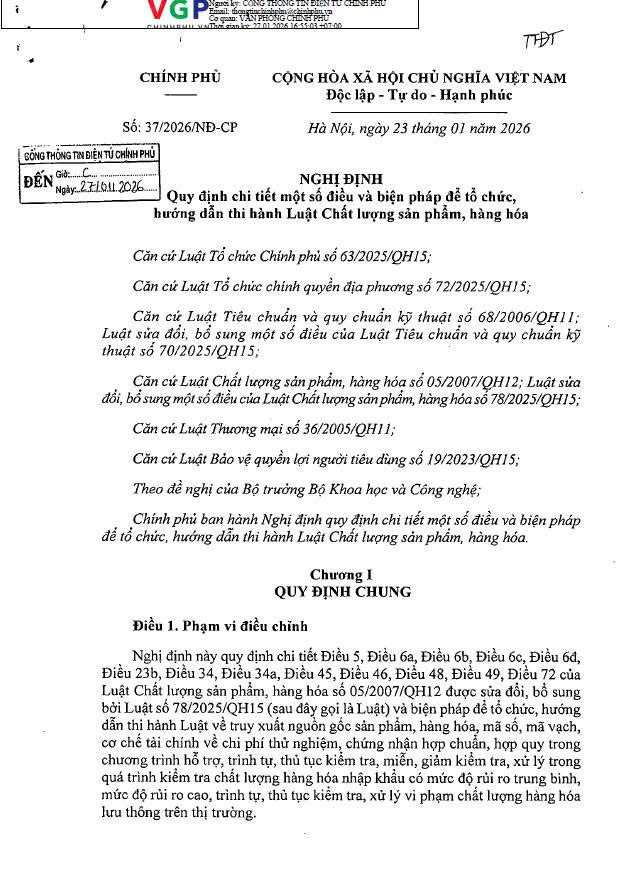 NĐ 37_2026 NĐ-CP ngày 23/01/2026 Vv quy định 1 số điều và biện pháp tổ chức, HD thi hành Luật chất lượng sản phẩm, hàng hóa