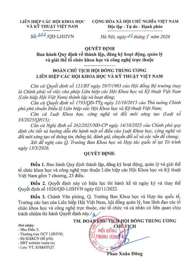 Quyết định số 222/QĐ-LHHVN ngày 26/03/2026 Vv ban hành quy định về thành lập, đăng ký hoạt động, quản lý và giải thể tổ chức khoa học và công nghệ trực thuộc
