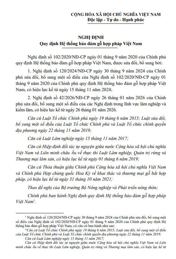 VBHN số 14/VBHN-BNNMT ngày 09/02/2026 của Bộ Nông nghiệp và môi trường - NĐ quy định hệ thống bảo đảm gỗ Hợp pháp Việt Nam