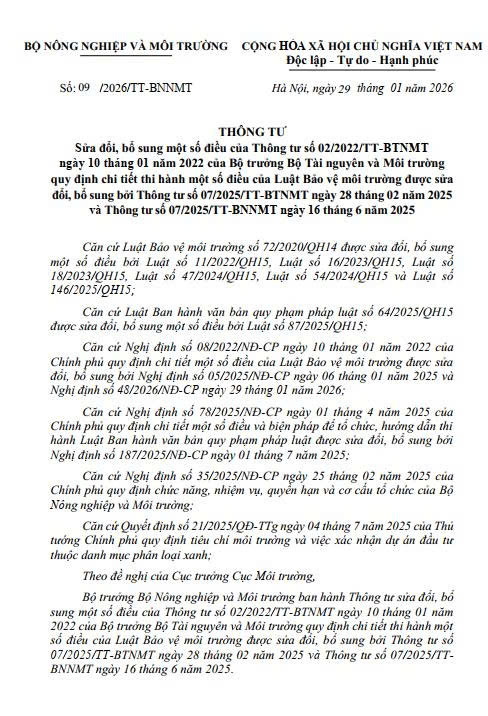 Thông tư số 09/2026/TT-BNNMT ngày 29/01/2026 sửa đổi, bổ sung một số điều Luật bảo vệ môi trường