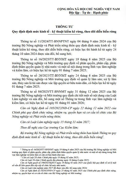 VBHN số 03/VBHN-BNNMT ngày 27/01/2026 -Thông tư Quy định định mức kinh tế - kỹ thuật kiểm kê rừng, theo dõi diễn biến rừng