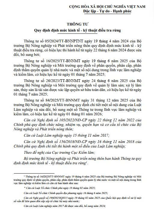 VBHN số 06/VBHN-BNNMT ngày 27/01/2026 - Thông tư Quy định định mức kinh tế - kỹ thuật điều tra rừng