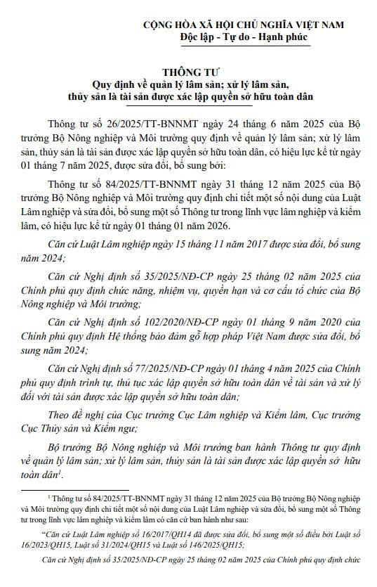 VBHN số 04/VBHN-BNNMT ngày 27/01/2026 - Thông tư Quy định về quản lý lâm sản; xử lý lâm sản, thủy sản là tài sản được xác lập quyền sở hữu toàn dân