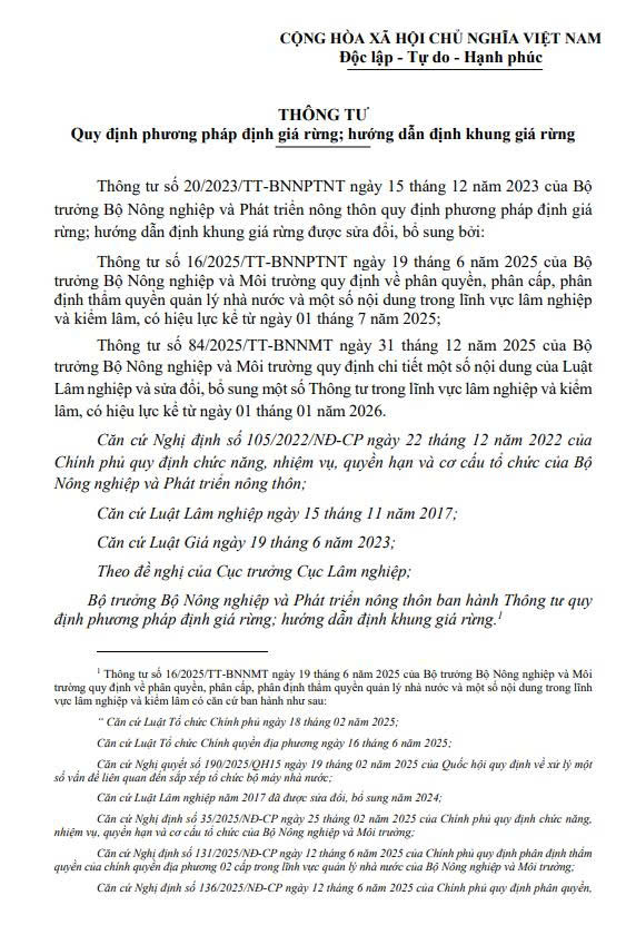 VBHN số 02/VBHN-BNNMT ngày 27/01/2026 - Thông tu Quy định phương pháp định giá rừng; hướng dẫn định khung giá rừng