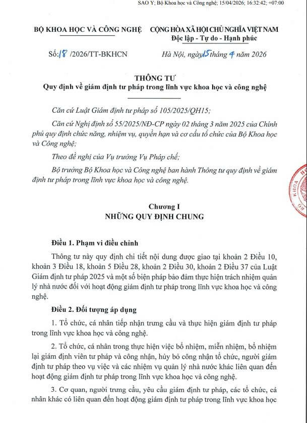 Thông tư số 18/2026/TT-BKHCN ngày 15/04/2026 của Bộ Khoa học và Công nghệ: Quy định về giám định tư pháp trong lĩnh vực khoa học và công nghệ