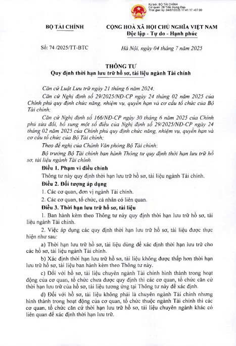 Thông tư 72/2025/TT-BTC ngày 07/04/2025 của Bộ Tài Chính vv quy đinh thời hạn lưu trữ hồ sơ tài liệu ngành tài chính