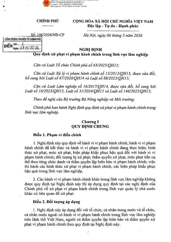 Nghị định số 146/2026/NĐ-CP của Chính phủ: Quy định xử phạt vi phạm hành chính trong lĩnh vực lâm nghiệp