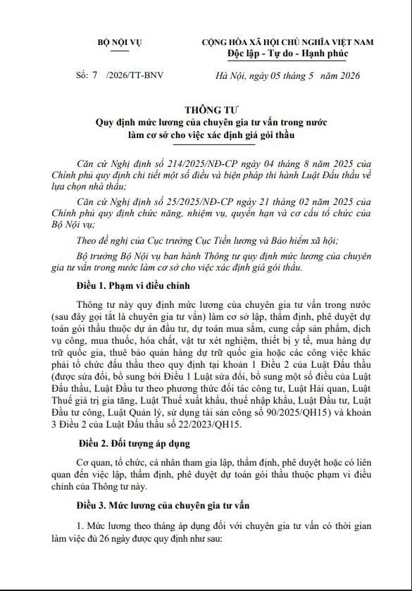 Thông tư số 7/2026/TT-BNV của Bộ Nội vụ: Quy định mức lương của chuyên gia tư vấn trong nước làm cơ sở cho việc xác định giá gói thầu