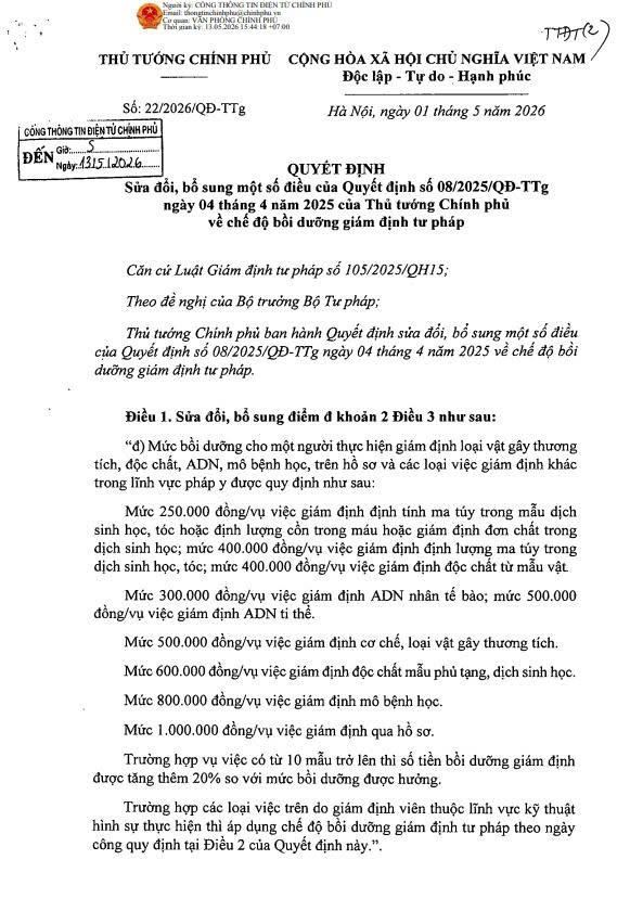 Quyết định số 22/2026/QĐ-TTg của Thủ tướng Chính phủ: Sửa đổi, bổ sung một số điều của Quyết định số 08/2025/QĐ-TTg ngày 04 tháng 4 năm 2025 của Thủ tướng Chính phủ về chế độ bồi dưỡng giám định tư pháp
