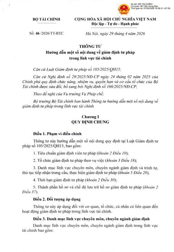 Thông tư số 46/2026/TT-BTC của Bộ Tài chính: Hướng dẫn một số nội dung về giám định tư pháp trong lĩnh vực tài chính