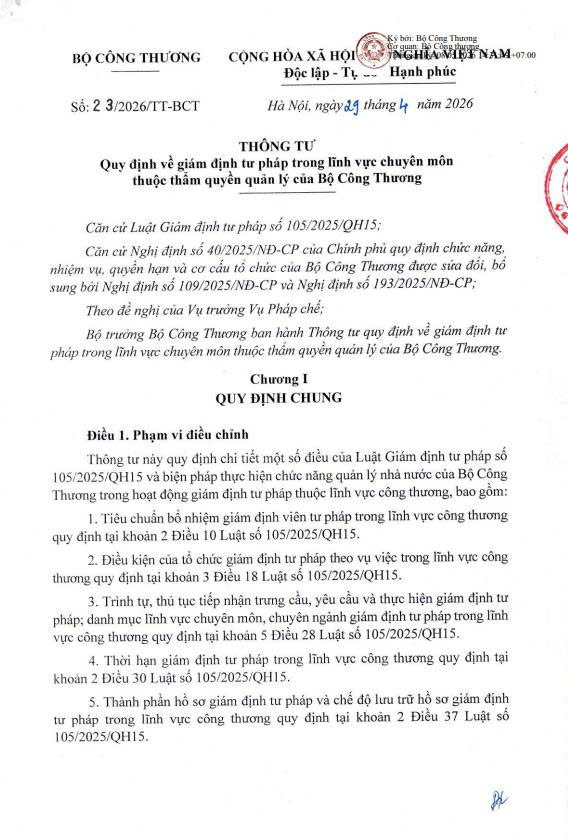 Thông tư số 23/2026/TT-BCT của Bộ Công thương: Quy định về giám định tư pháp trong lĩnh vực chuyên môn thuộc thẩm quyền quản lý của Bộ Công Thương