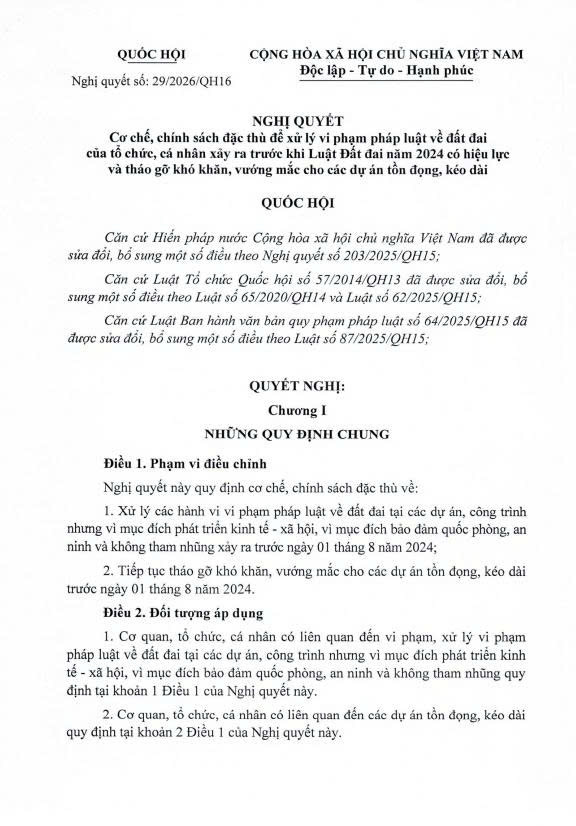 Nghị quyết số 29/2026/QH16 của Quốc hội: Cơ chế, chính sách đặc thù để xử lý vi phạm pháp luật về đất đai trước khi Luật đất đai có hiệu lực năm 2024