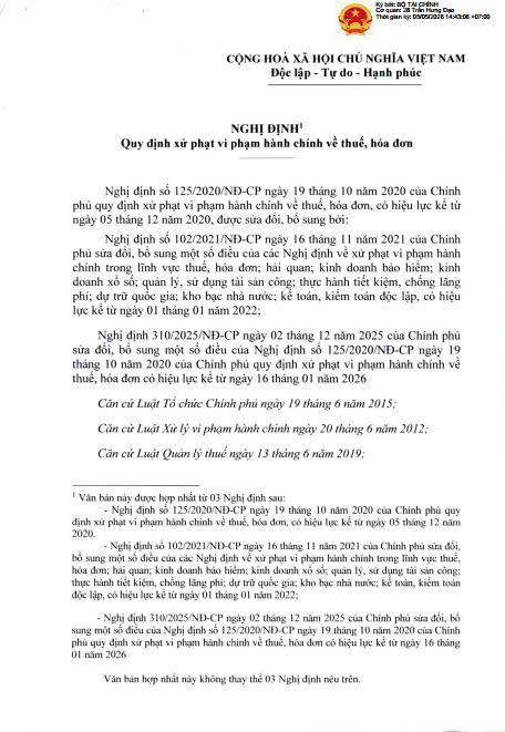 Văn bản hợp nhất số 15/VBHN-BTC ngày 05/05/2026 của Bộ Tài chính: Quy định xử phạt vi phạm hành chính về thuế, hóa đơn