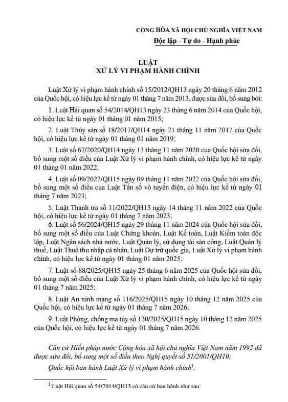 Văn bản hợp nhất số 90/VBHN-VPQH ngày 30/3/2026 của Văn phòng Quốc hội: Luật Xử lý vi phạm hành chính