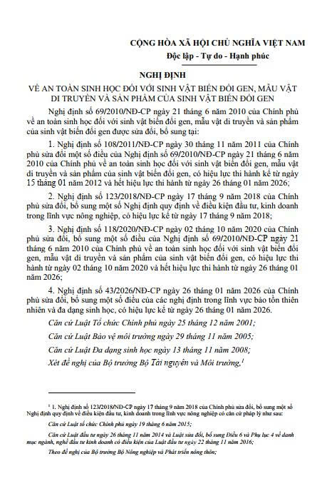 Văn bản hợp nhất số 18/VBHN-BNNMT của Bộ Nông nghiệp và Môi trường: Nghị định về an toàn sinh học đối với sinh vật biến đổi gen, mẫu vật di truyền và sản phẩm của sinh vật biến đổi gen