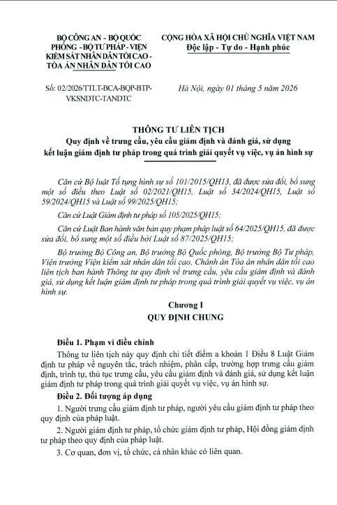 Thông tư liên tịch số 02/2026/TTLT-BCA-BQP-BTP-VKSNDTC-TANDTC Qđ trưng cầu, yêu cầu giám định và đánh giá sử dụng KL GĐTP trong quá trình giải quyết vụ việc, vụ án hình sự