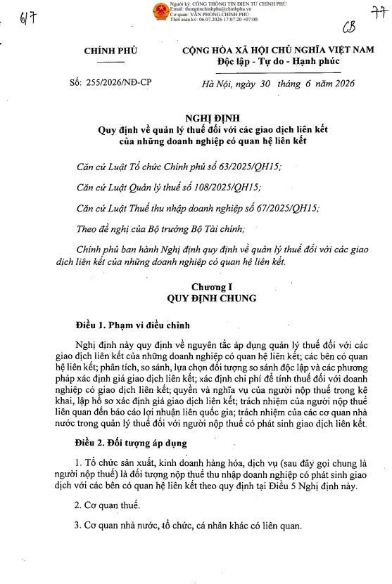 Nghị định số 255/2026/NĐ-CР ngày 30/06/2026 của Chính phủ: Quy định về quản lý thuế đối với các giao dịch liên kết của những doanh nghiệp có quan hệ liên kết