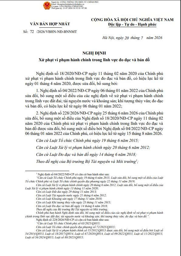 Văn bản hợp nhất số 72/2026/VBHN-NĐ-BNNMT của Bộ Nông nghiệp và Môi trường: Xử phạt vi phạm hành chính trong lĩnh vực đo đạc và bản đồ