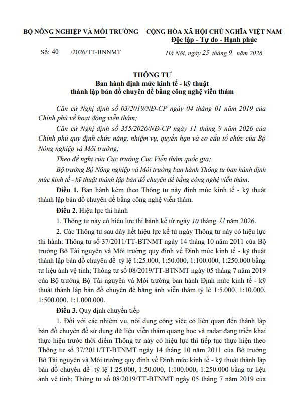 Thông tư 40/2026/TT-BNNMT ngày 25/09/2026 Vv Ban hành định mức kinh tế - kỹ thuật thành lập bản đồ chuyên đề bằng công nghệ viễn thám