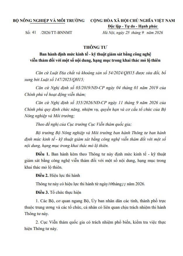 Thông tư 41/2026/TT-BNNMT ngày 25/09/2026 Vv Ban hành định mức kinh tế - kỹ thuật giám sát bằng công nghệ viễn thám đối với một số nội dung, hạng mục trong khai thác mỏ lộ thiên