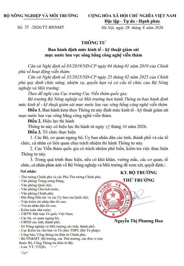 Thông tư 35/2026/TT-BNNMT ngày 15/09/2026 Vv Quy định chức năng, nhiệm vụ, quyền hạn và cơ cấu tổ chức của Bộ Nông nghiệp và Môi trường