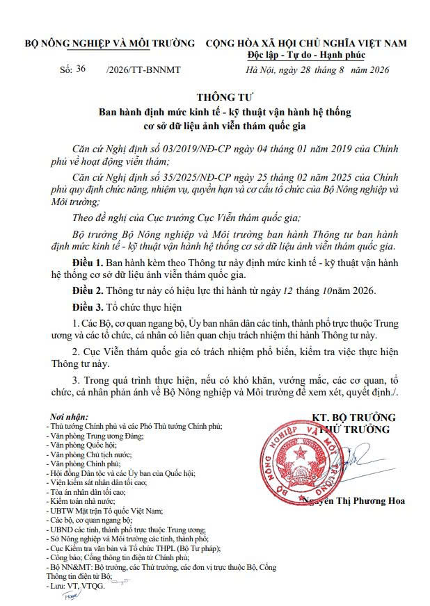 Thông tư 36/2026/TT-BNNMT ngày 28/08/2026 Vv Ban hành định mức kinh tế - kỹ thuật vận hành hệ thống cơ sở dữ liệu ảnh viễn thám quốc gia